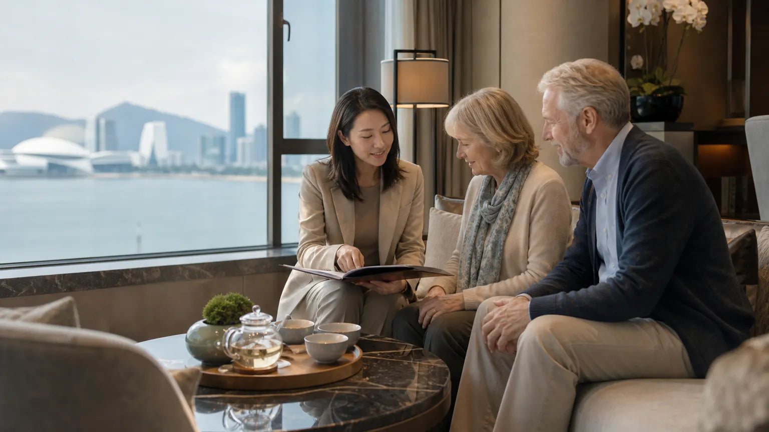 Older couple receiving family-supported travel coordination